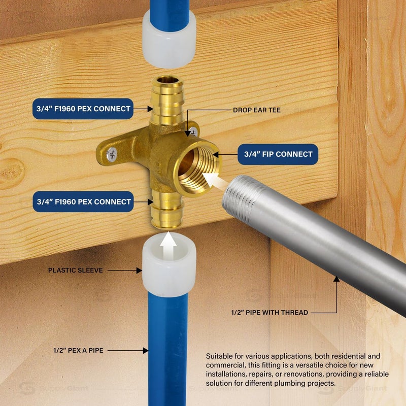 Supply Giant 3/4 Inch x 3/4 Inch Pex-A x 3/4" Female NPT Drop Ear Tee, Brass Expansion Tee Fitting, F1960 Brass Lead-Free Tee with Drop-Ear No Lead Brass, For Use in Pex-A-Tubing Connection - Image 5